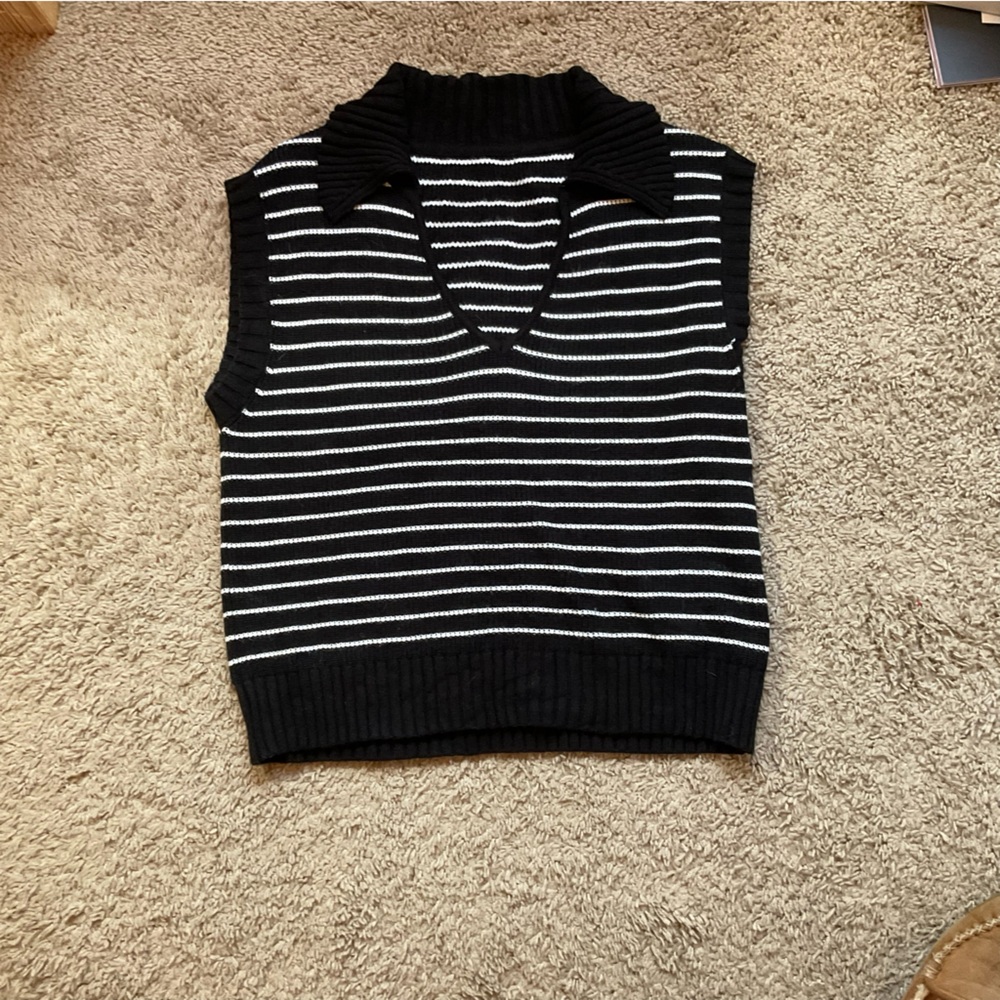 Source Unknown Black and White Striped V-Neck Sweater